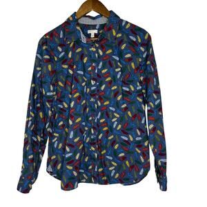 Talbots Blue Feather Print Button Down Top M Vibrant Pattern Preppy Women's